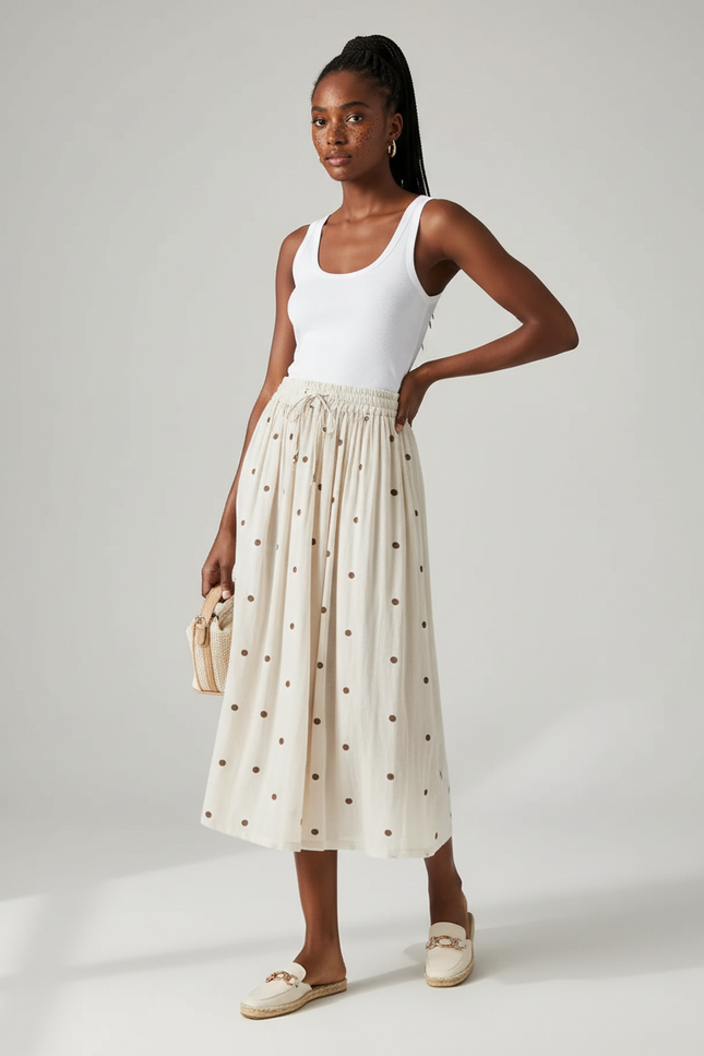Jupe Midi Crème Pois Fluide
