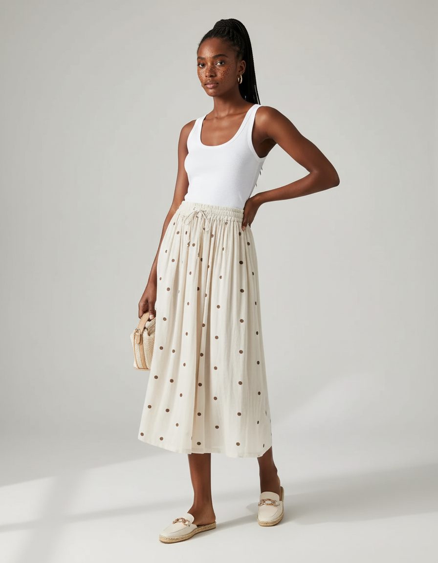 Jupe Midi Crème Pois Fluide