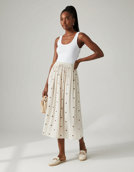 Jupe Midi Crème Pois Fluide