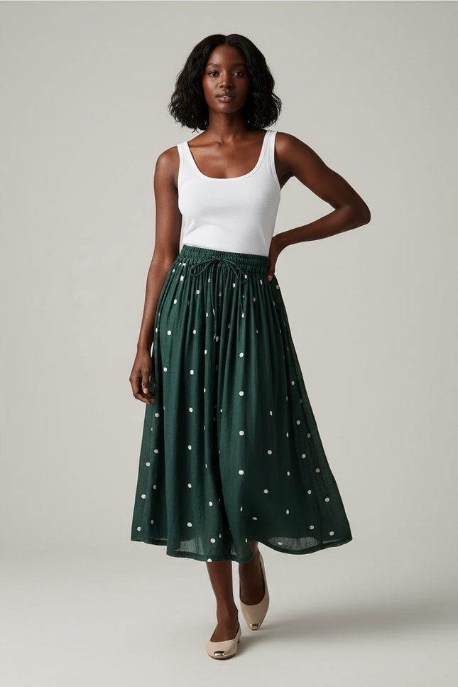 Jupe Midi Vert À Pois Fluide