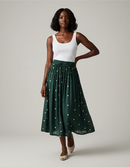 Jupe Midi Vert À Pois Fluide