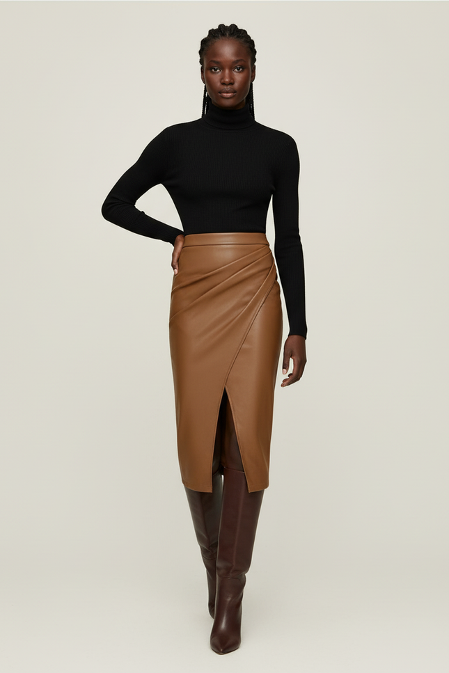 Jupe Midi Camel Similicuir Drapée Chic