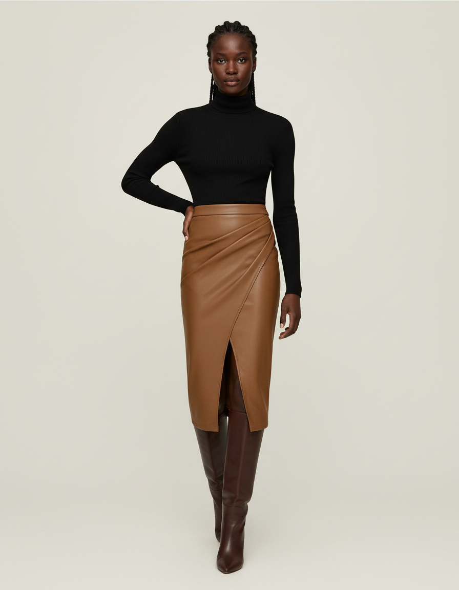 Jupe Midi Camel Similicuir Drapée Chic