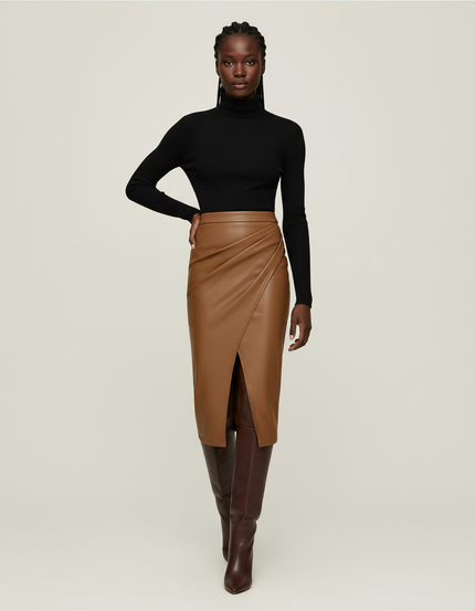 Jupe Midi Camel Similicuir Drapée Chic