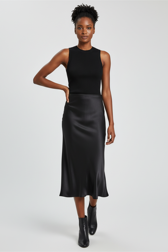 Jupe Midi Noir Satinée Élégante