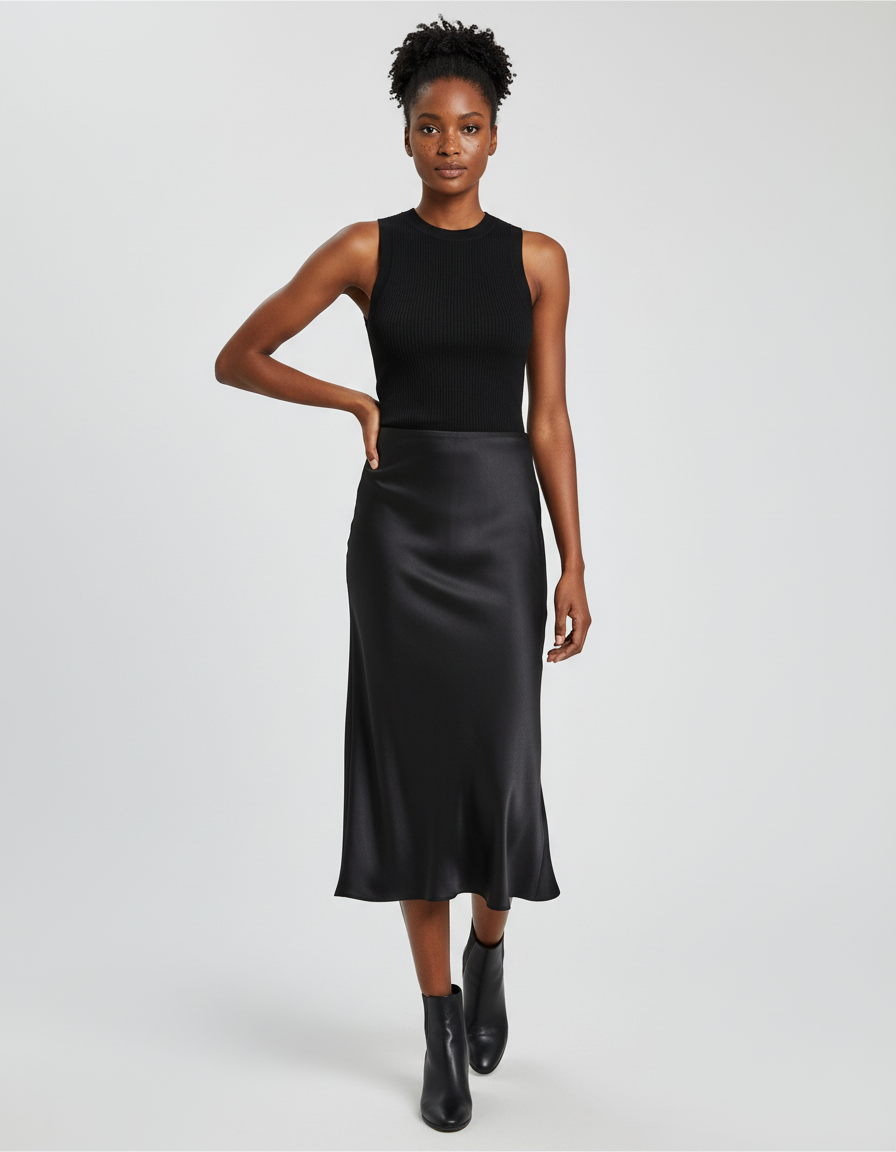 Jupe Midi Noir Satinée Élégante