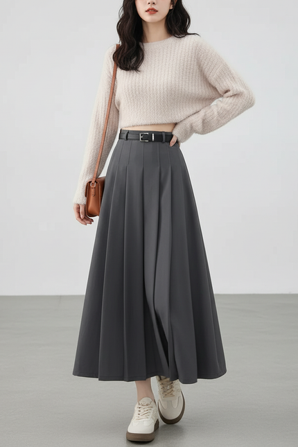 Jupe Midi Grise Taille Haute Plissée