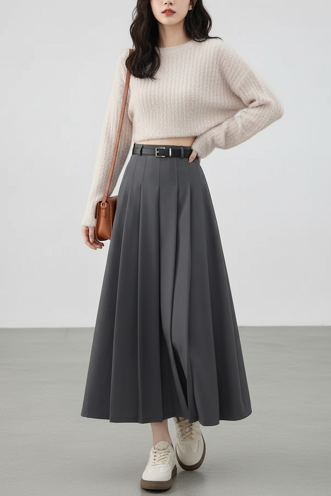 Jupe Midi Grise Taille Haute Plissée