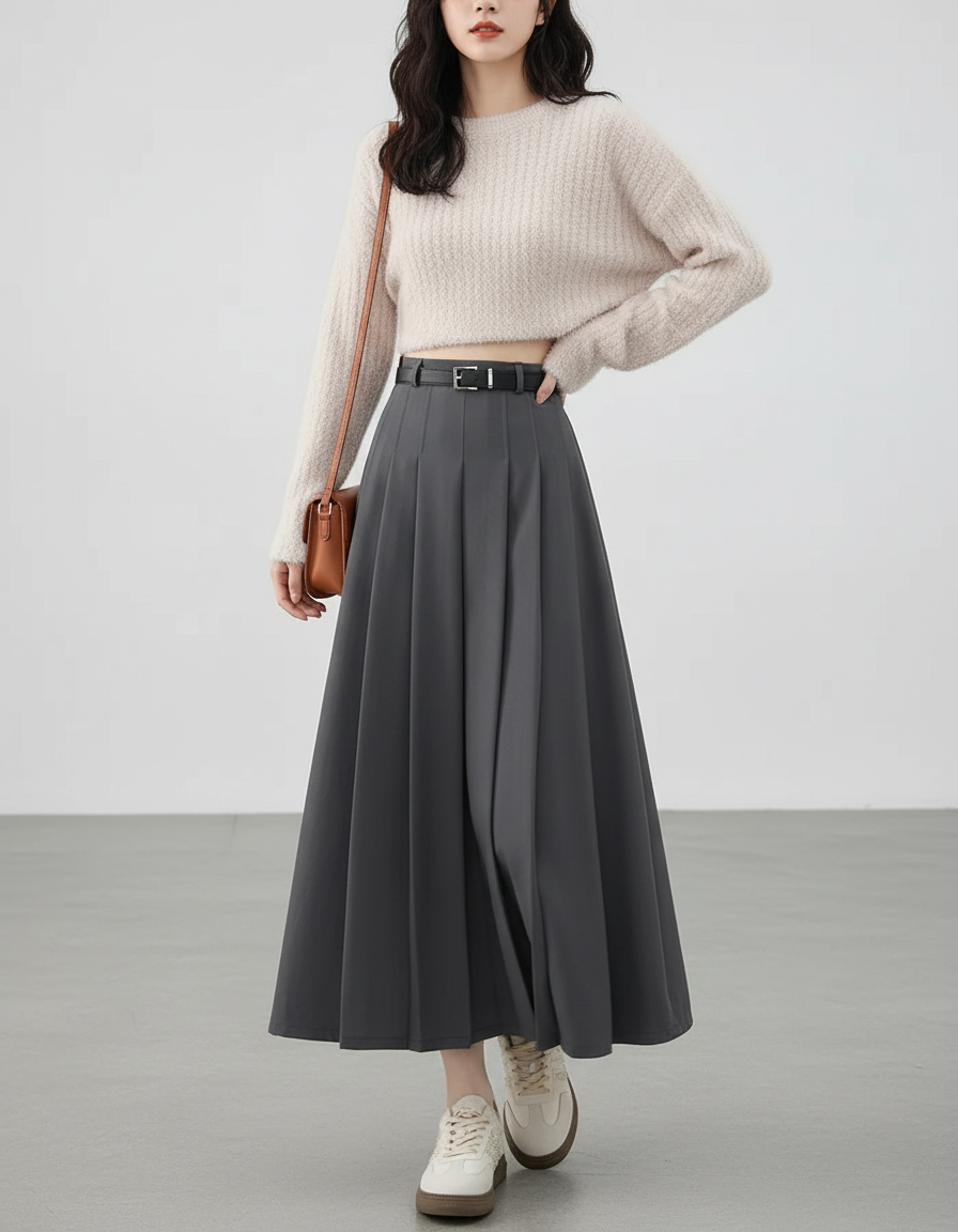 Jupe Midi Grise Taille Haute Plissée