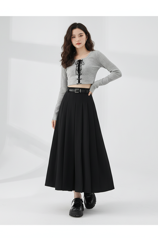 Jupe Midi Noire Plissée Élégante féminine