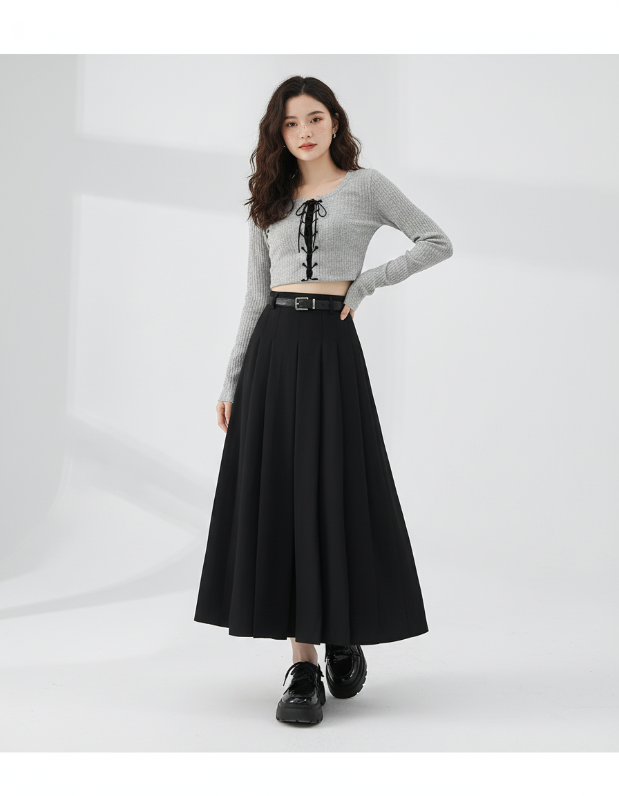 Jupe Midi Noire Plissée Élégante féminine