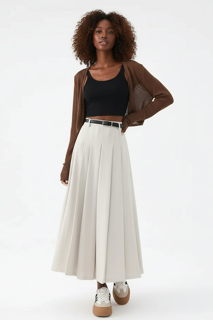 Jupe Midi Beige Plissée Décontractée