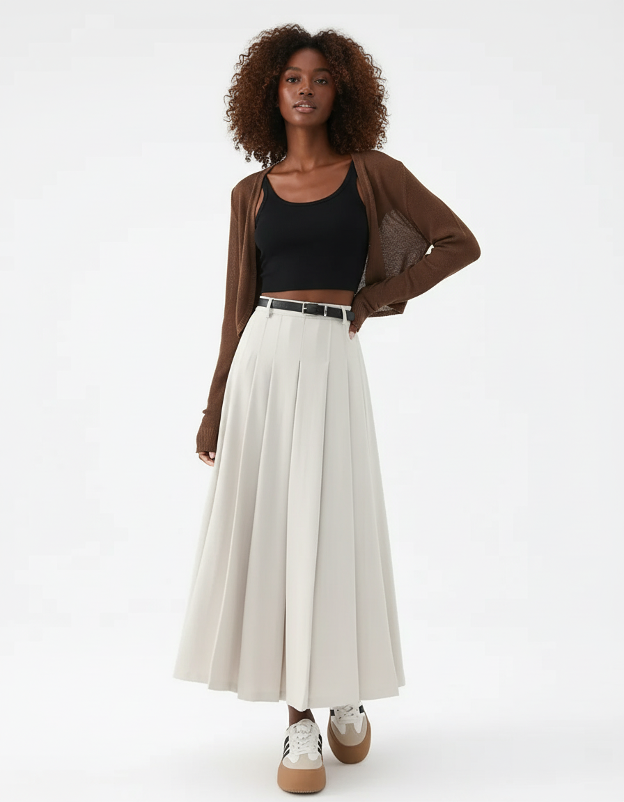 Jupe Midi Beige Plissée Décontractée