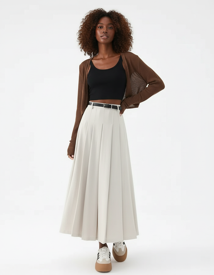 Jupe Midi Beige Plissée Décontractée