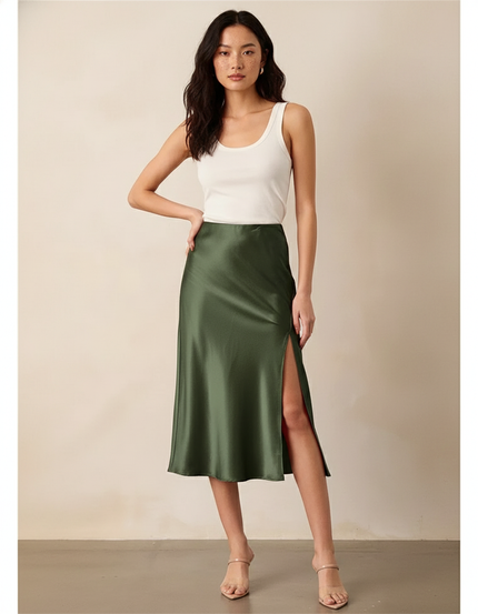 Jupe Midi Verte Satinée Élégante lumineuse