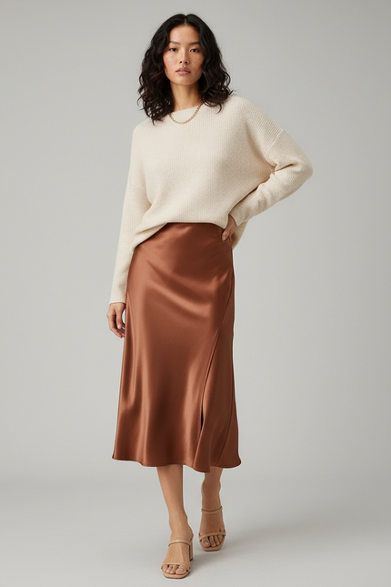 Jupe Midi Cuivrée Satinée Élégante