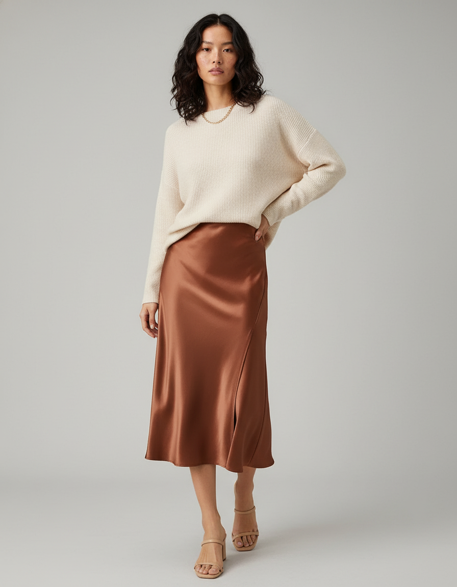 Jupe Midi Cuivrée Satinée Élégante