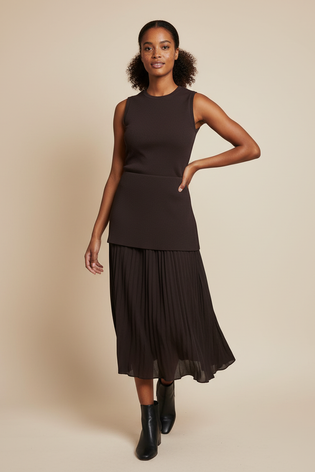 Jupe Midi Plissée Marron Fluide