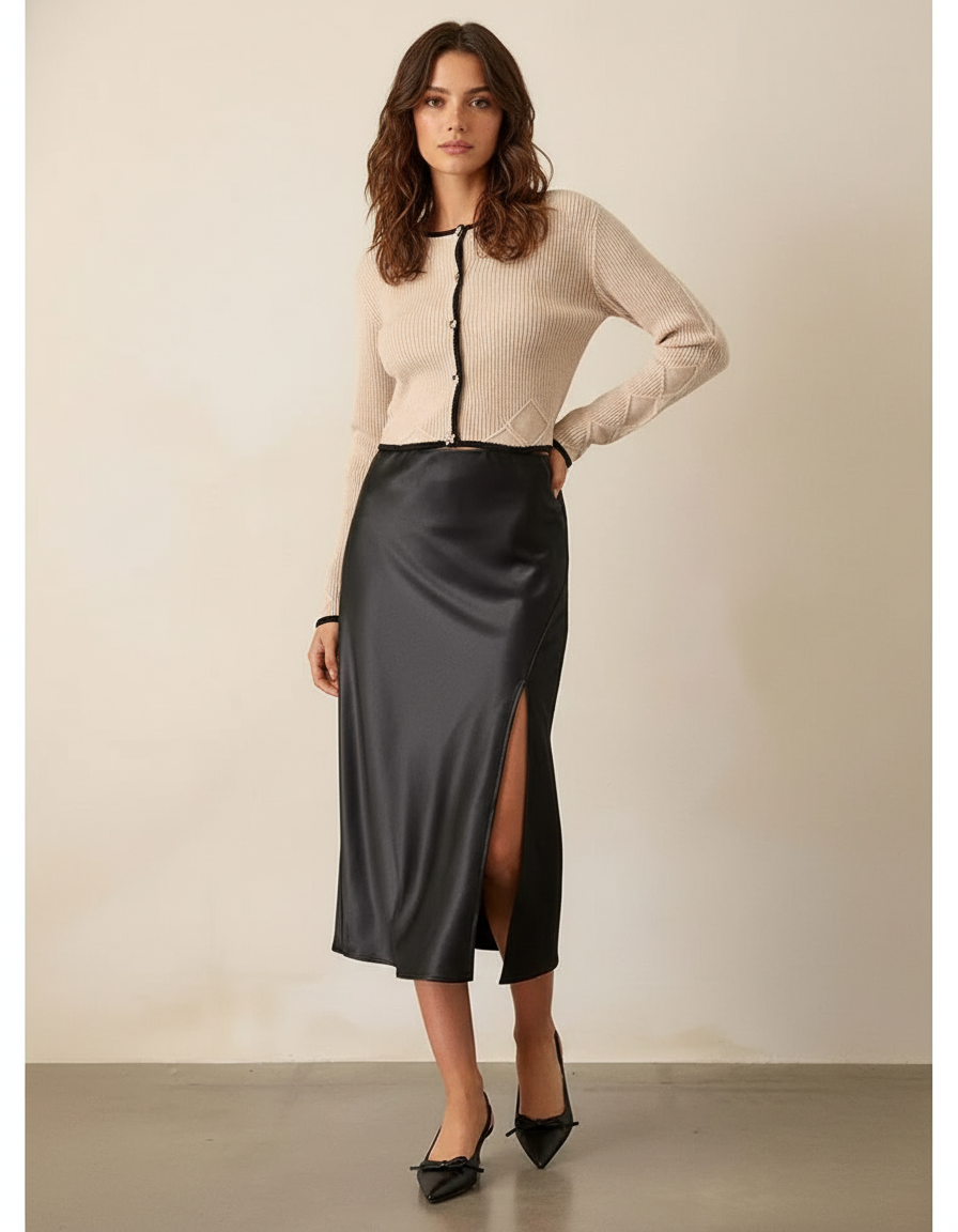 Jupe Midi Noire Satinée Élégante sobre