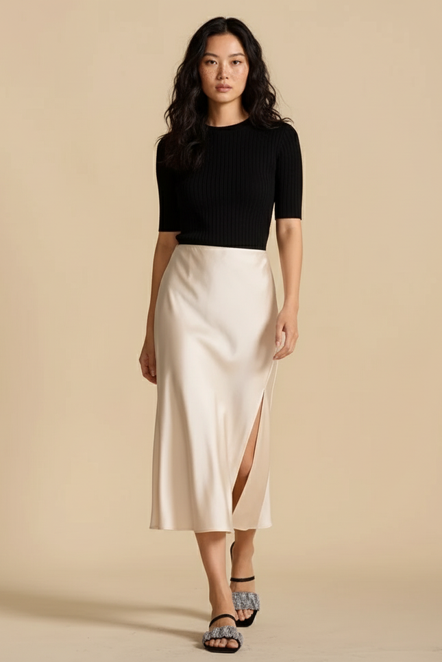 Jupe Midi Satin Beige Élégante délicate