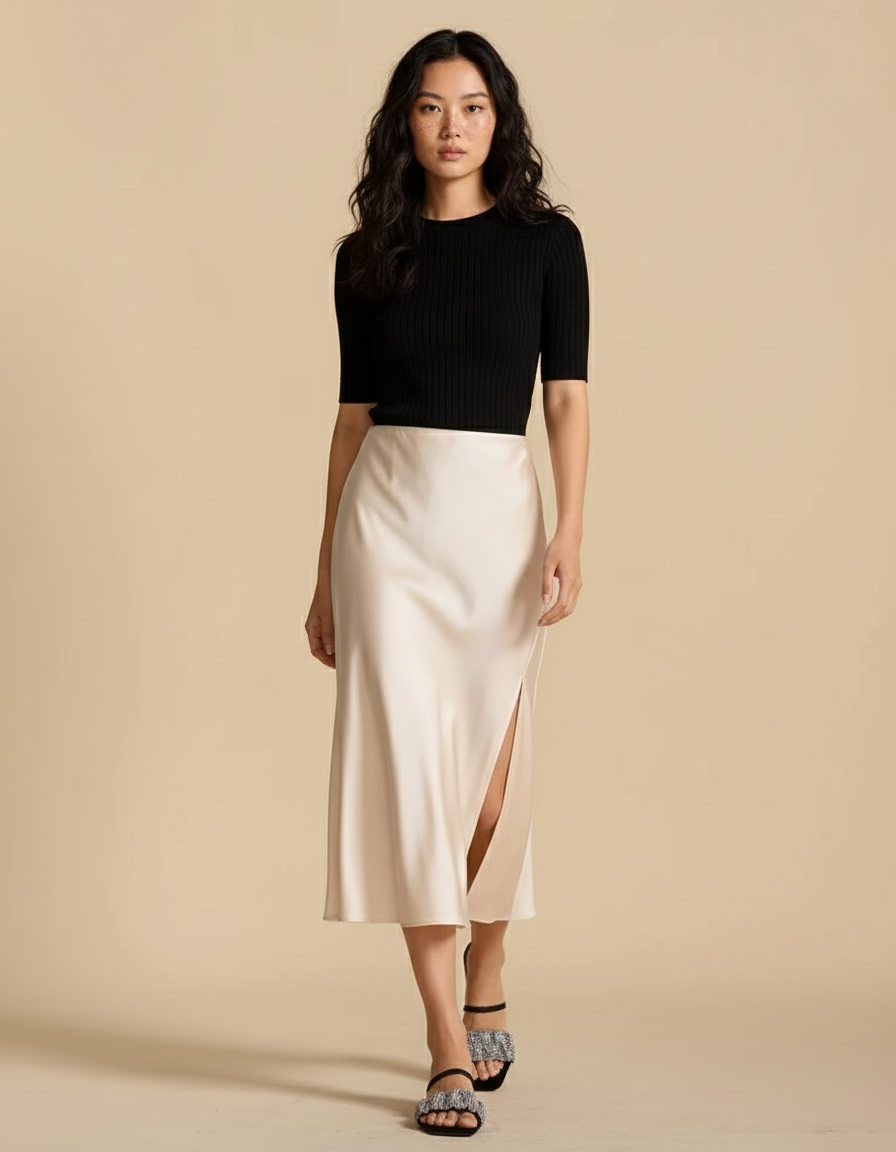 Jupe Midi Satin Beige Élégante délicate