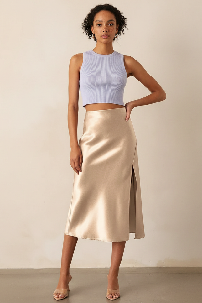 Jupe Midi Satin Fendue Élégante