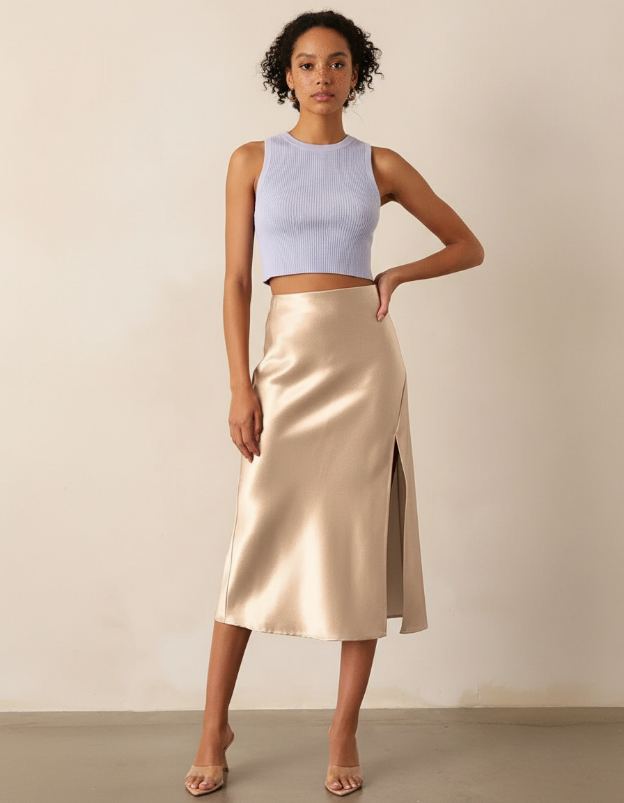 Jupe Midi Satin Fendue Élégante