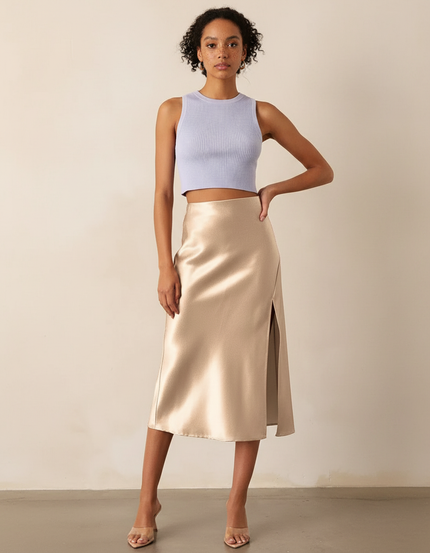 Jupe Midi Satin Fendue Élégante