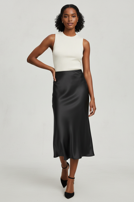 Jupe Midi Noire Satinée Élégante chic