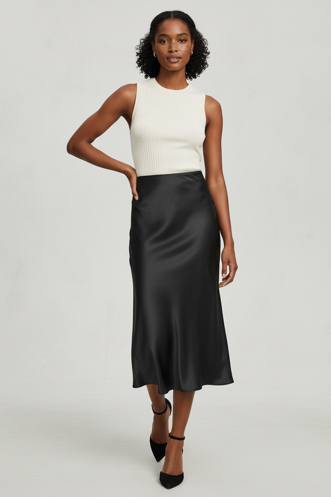 Jupe Midi Noire Satinée Élégante chic