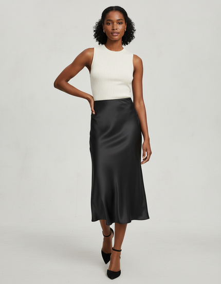 Jupe Midi Noire Satinée Élégante chic