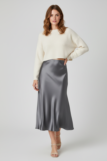 Jupe Midi Grise Satinée Fluide