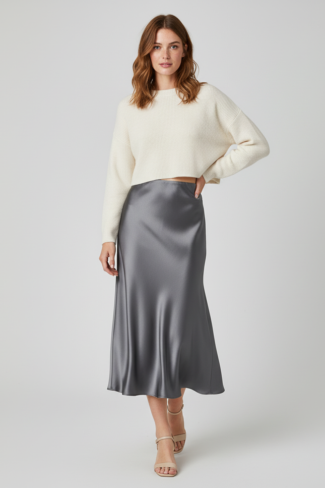 Jupe Midi Grise Satinée Fluide