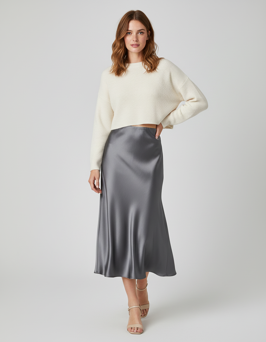 Jupe Midi Grise Satinée Fluide