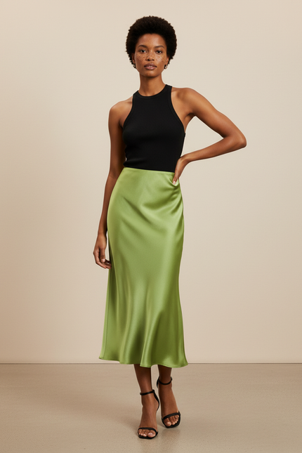 Jupe Midi Vert Satiné Élégante
