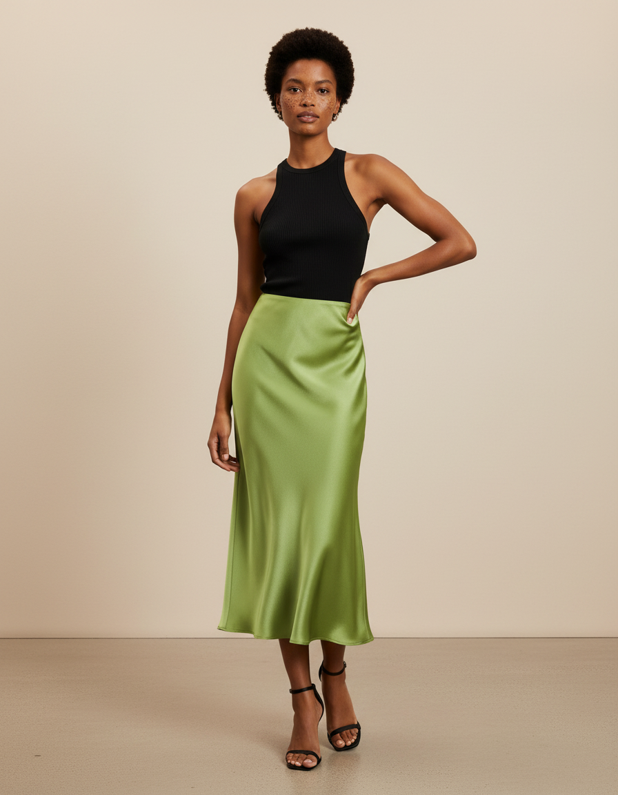 Jupe Midi Vert Satiné Élégante