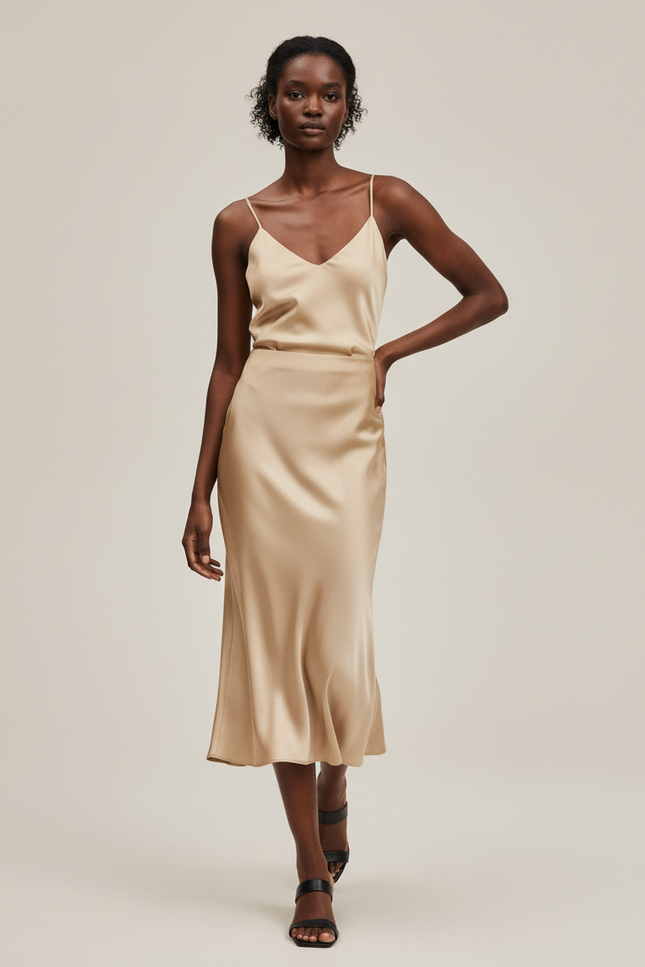 Jupe Midi Beige Satinée Élégante