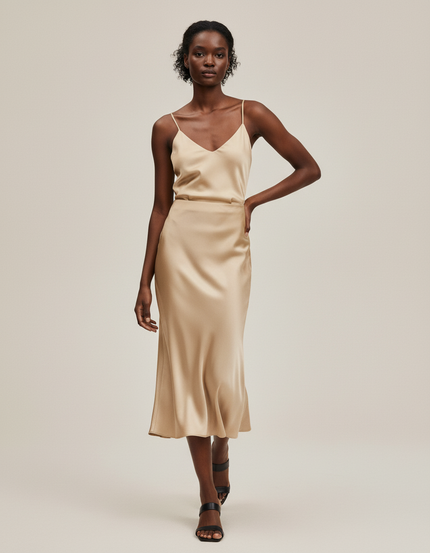 Jupe Midi Beige Satinée Élégante