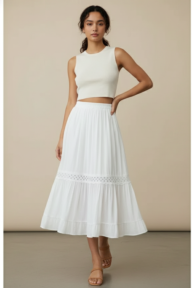 Jupe Midi Blanche Dentelle Fluide