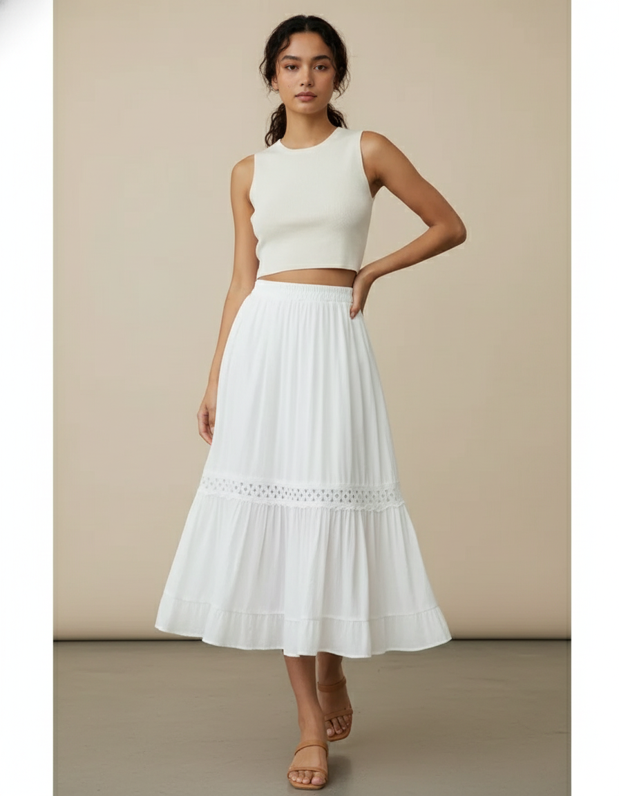 Jupe Midi Blanche Dentelle Fluide