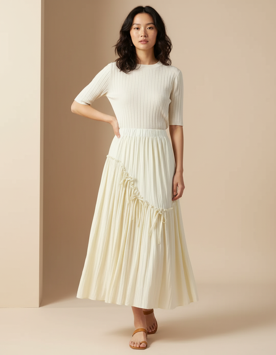 Jupe Midi Crème Fluide Asymétrique