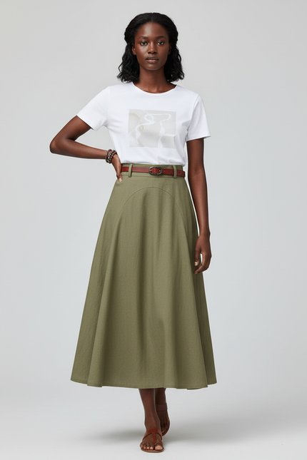 Jupe Midi Vert Olive Coton Élégante