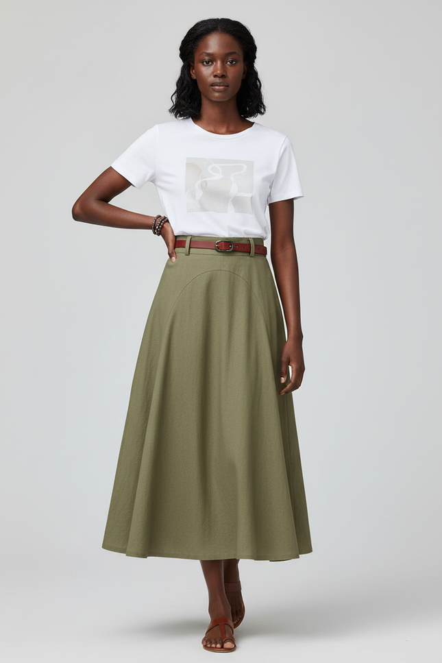 Jupe Midi Vert Olive Coton Élégante