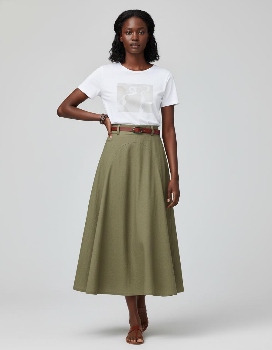 Jupe Midi Vert Olive Coton Élégante