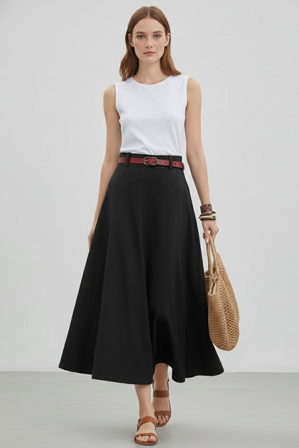 Jupe Midi Noir Évasée Élégante