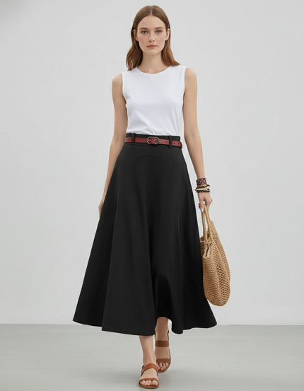 Jupe Midi Noir Évasée Élégante