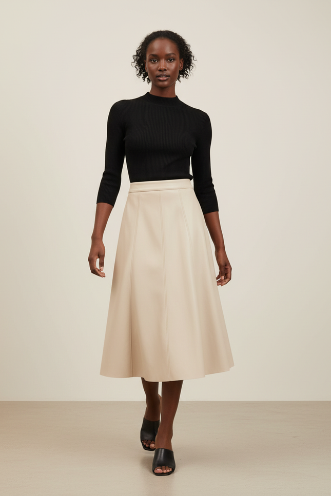 Jupe Midi Beige Similicuir Élégante