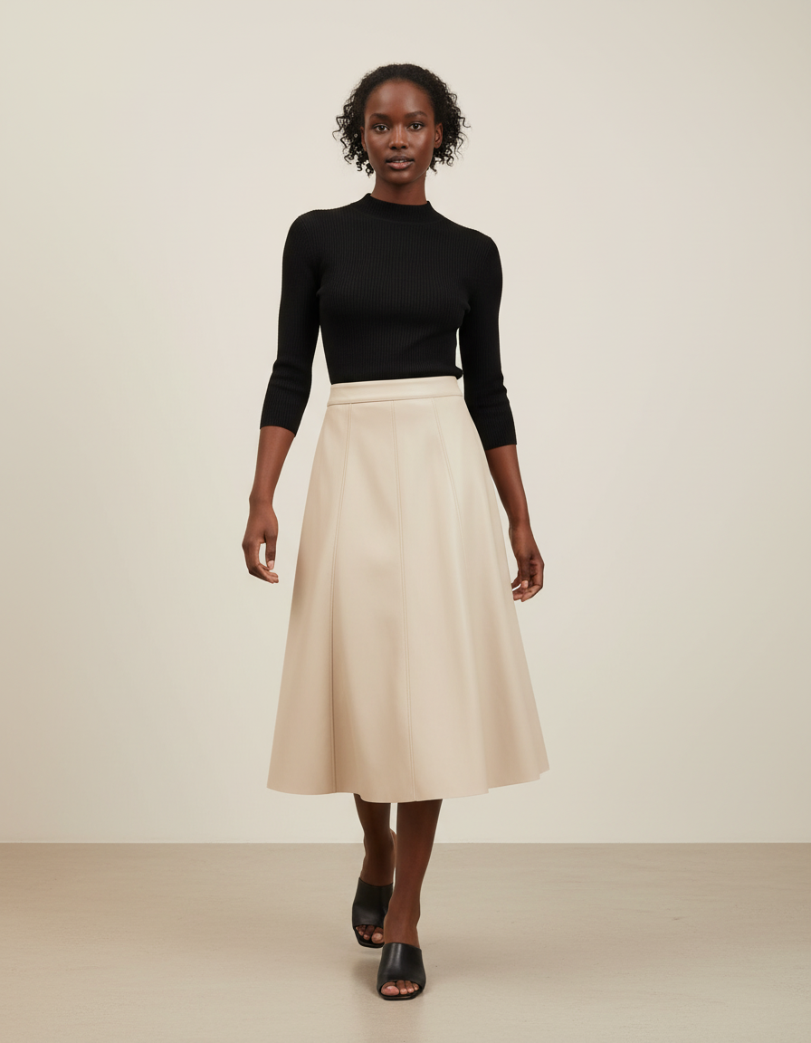 Jupe Midi Beige Similicuir Élégante