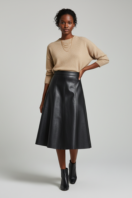 Jupe Midi Similicuir Noire Élégante