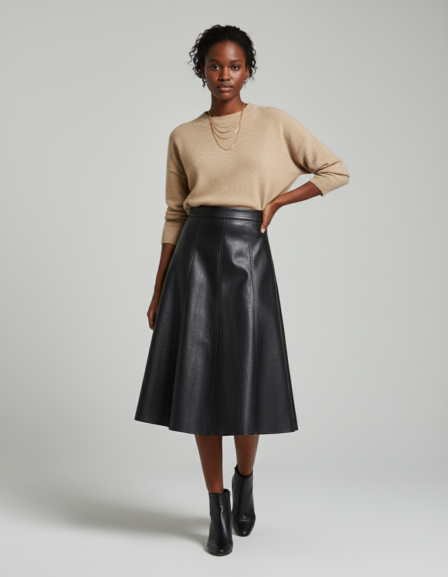 Jupe Midi Similicuir Noire Élégante